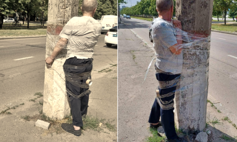 задержанный вор примотан к столбу