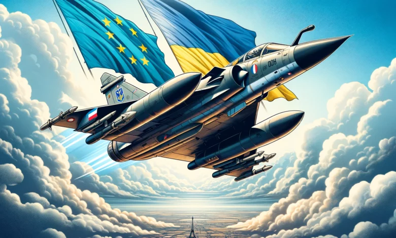 винищувачі Mirage 2000, що літають на фоні прапорів України та Франції, символізуючи обговорення та потенційну передачу цих літаків від Франції до України.
