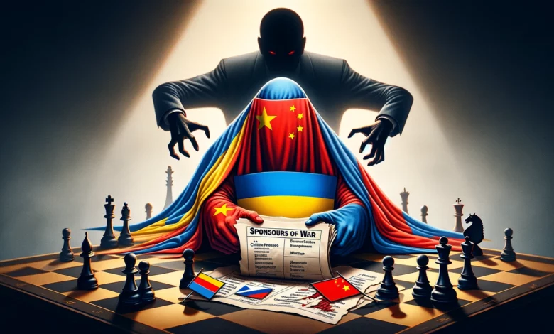 ілюстрація, яка символічно відображає Україну, що опинилася між міжнародними тисками, з флагами Китаю, Франції та України.