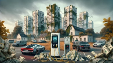 ілюстрація, яка відображає суть новини про амбітний проект зі створення зарядної мережі для електромобілів у Миколаєві, в контексті фінансових негараздів комунального підприємства.