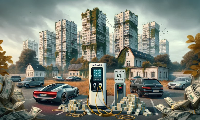 ілюстрація, яка відображає суть новини про амбітний проект зі створення зарядної мережі для електромобілів у Миколаєві, в контексті фінансових негараздів комунального підприємства.