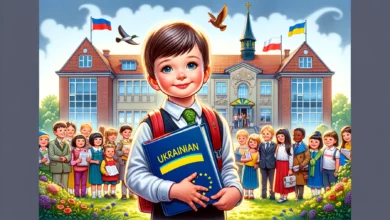 ілюстрація, яка відображає суть новини, зображуючи українську дитину перед польською школою, у руках у якої підручник з української мови та європейський прапор. На задньому плані видно дружбу та єдність дітей різних національностей