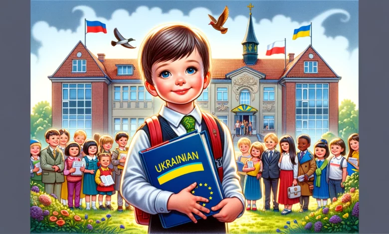 ілюстрація, яка відображає суть новини, зображуючи українську дитину перед польською школою, у руках у якої підручник з української мови та європейський прапор. На задньому плані видно дружбу та єдність дітей різних національностей