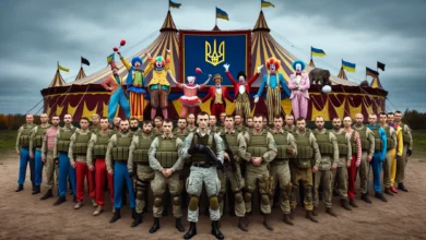 відображає циркових артистів у військових бронежилетах, підкреслюючи їхній новий статус в суспільстві