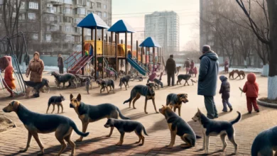 Ось ілюстрація, що зображує дитячий майданчик у Корабельному районі, зайнятий бездомними собаками, де видно стурбованих батьків та дітей.
