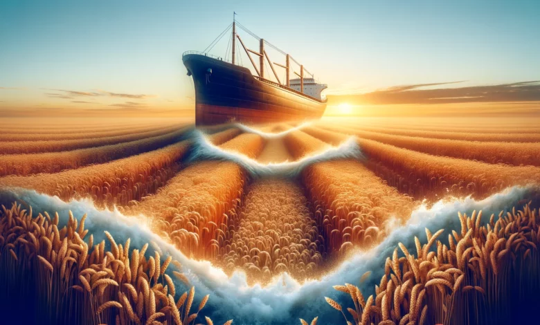 візуальне представлення концепції: корабель, що перетинає пшеничне поле, символізуючи перехід від суднобудування до сільського господарства.