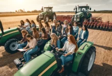 ілюстрація зображає групу жінок, які навчаються керувати тракторами на фоні сільського ландшафту, що підкреслює гендерну рівність і сучасні технології