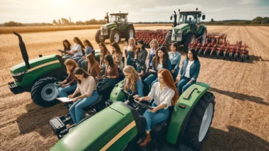 ілюстрація зображає групу жінок, які навчаються керувати тракторами на фоні сільського ландшафту, що підкреслює гендерну рівність і сучасні технології
