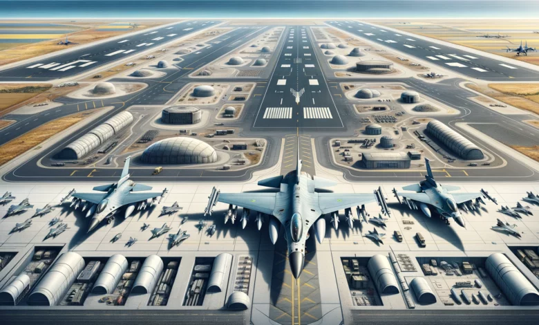 ілюстрація, яка відображає українські винищувачі F-16 на військовому аеродромі з підземними бункерами та різними типами злітних смуг.