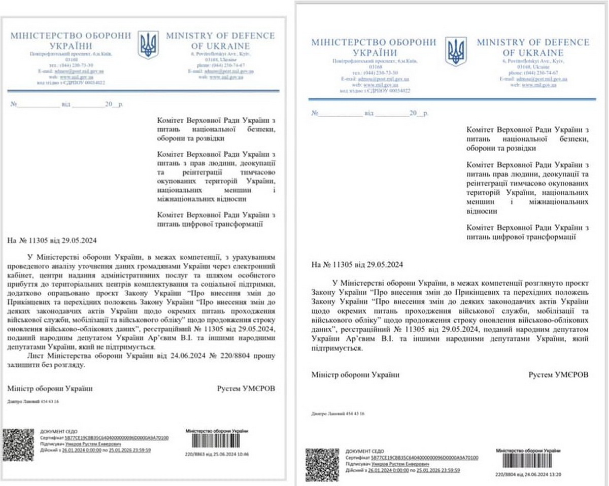 Лист Міністерства оборони