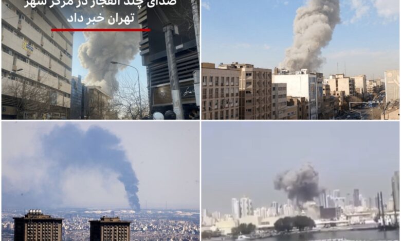 Вверху: ізраїльські удари по Тегерану. Внизу: іранські удари по Ізраїлю та базі ВМС США у Бахрейні (фото ЗМІ)