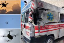 Ворожі дрони (ілюстрація) та пошкоджена "швидка"