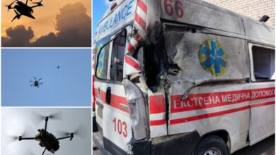 Ворожі дрони (ілюстрація) та пошкоджена "швидка"