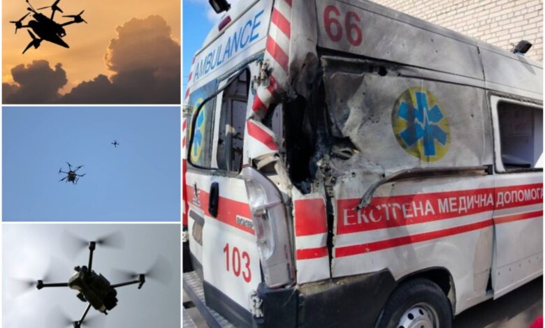 Ворожі дрони (ілюстрація) та пошкоджена "швидка"