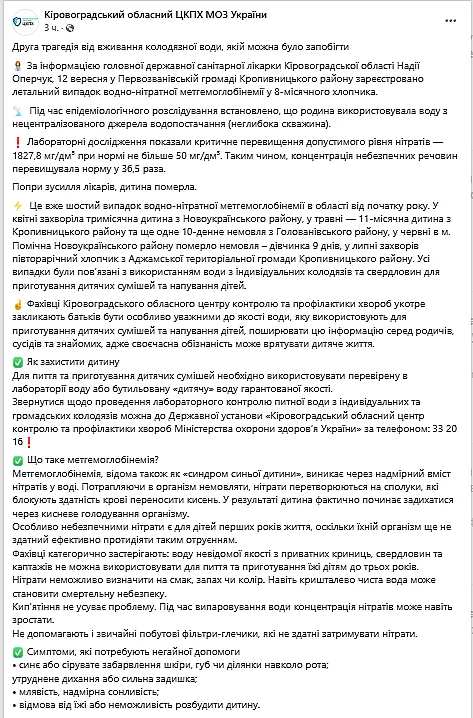 Вода зі свердловини, у якій на Кіровоградщині виявили критичний вміст нітратів